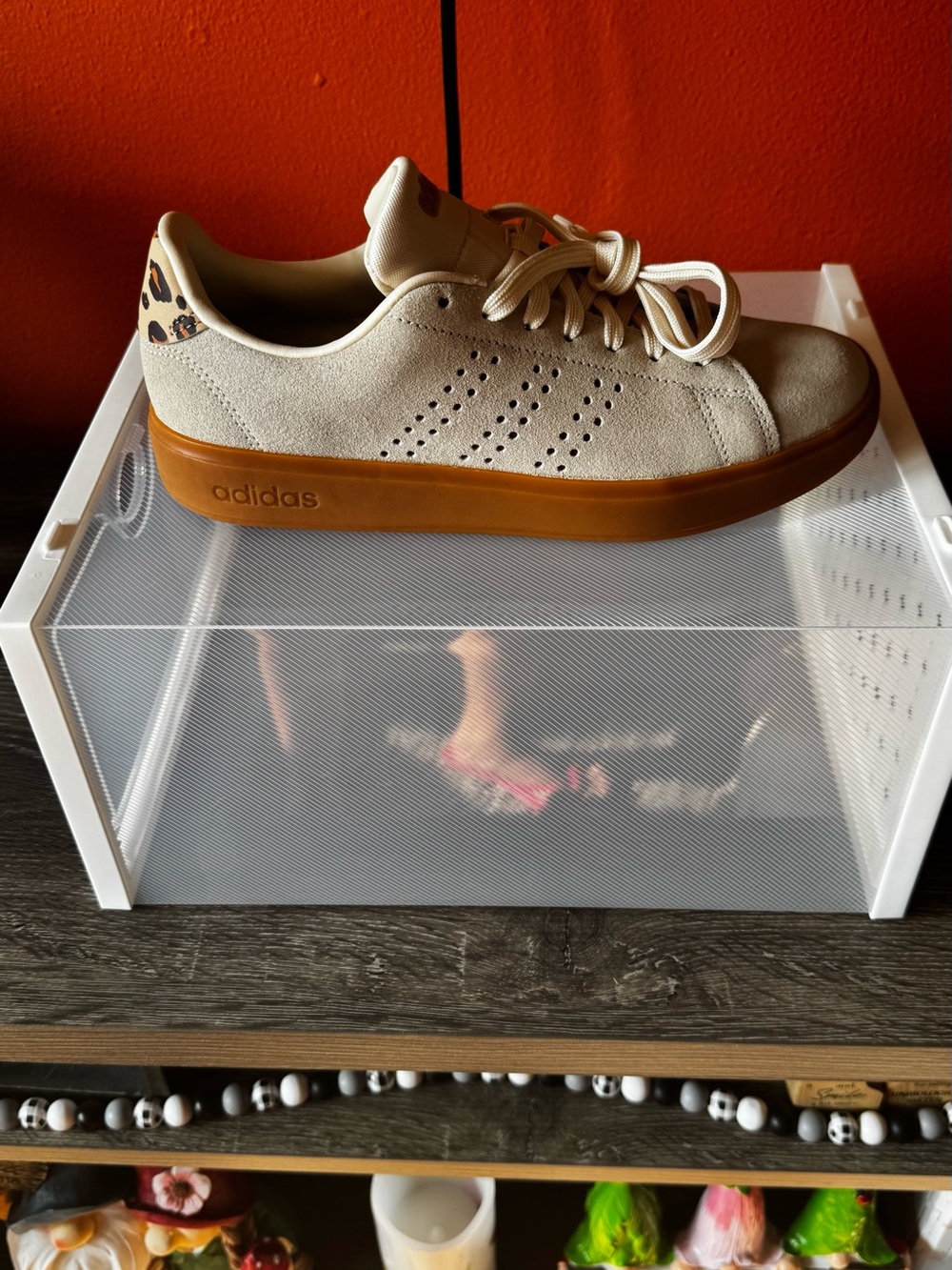 adidas Cream Suede Sneaker with Gum Sole and Leopard Heel Tab